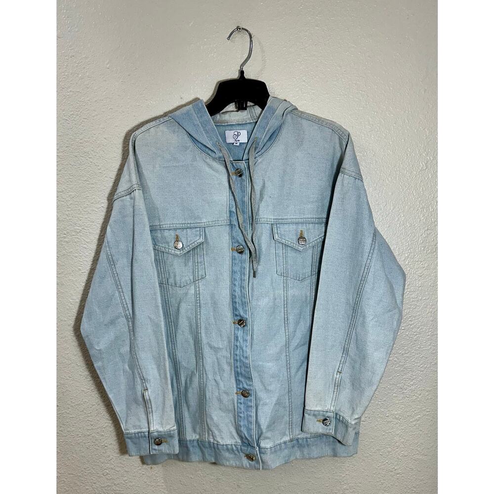 P2M Women’s Hooded Denim Jacket Light Wash Blue Size XL Button Front Jean Jacket
